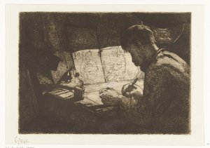 Autoportrait derrière la table à dessin - Gerard Jan Bos (signed by artist)