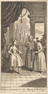Gulliver présenté à la reine de Babilary, frontispice de Les Voyages de M. ... - Gerard Vandergucht