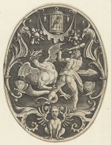 Décoration plane : Hercule tue le dragon Ladon (Ovale vlakdecoraties met de daden van Hercules in grotesken) - Gerard de Jode