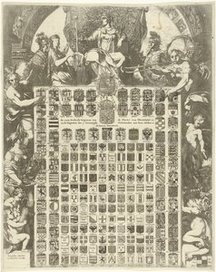 Armoiries du prince Guillaume III dans un cadre allégorique (De LXIIII Geslacht Wapenen van de Prins van Oraenjen etc. et de Wapenen der 7 Vereenigde Nederlanden met hare Steden etc.) - Gerard de Lairesse