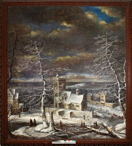 Un village en hiver avec des personnages sur la glace