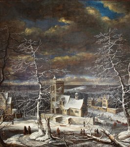 Un village en hiver dans un paysage étendu avec des personnages sur la glace