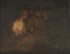 Jeune femme avec un chandelier, vieille femme et joueur de violon