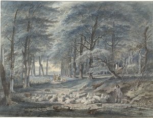Vue de forêt avec un berger et des moutons et trois personnages