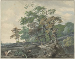 Paysage avec un chemin à travers une forêt et un fauconnier