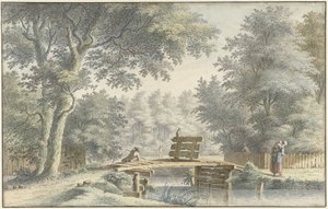 Paysage avec un pont sur lequel un pêcheur
