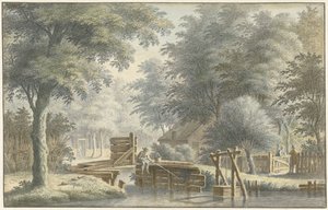Paysage avec un pont sur lequel un pêcheur