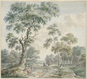Lisière de forêt avec fermes et chemin de sable