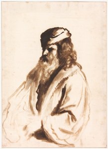 Figure barbue portant un turban et un manteau de fourrure, mi-longueur, tourné vers la droite