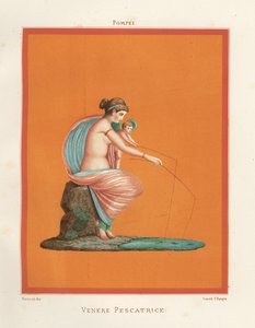 Fresque de Vénus et Cupidon pêchant à la ligne dans un étang. Trouvée dans la Maison des Gladiateurs. Chromolithographie de Victor Steeger d