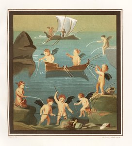 Peinture murale de cupidons jouant, pêchant, naviguant d
