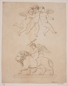 Tableau avec trois amours et en dessous amour sur un lion - Gerhard Ludvig Lahde