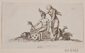 Vignette avec femme, jeune homme assis et licorne
