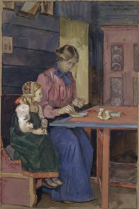 Jeune fille de Hallingdal apprenant à enfiler des perles - Gerhard Peter Frantz Vilhelm Munthe