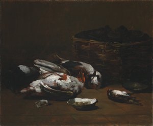 Nature morte avec des oiseaux morts et un panier d