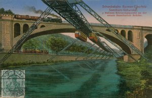 Chemin de fer suspendu Barmen-Elberfeld-Sonnborn-Vohwinkel et le nouveau pont de Sonnborn, Allemagne. Carte postale envoyée en 1913. - German Photographer