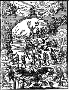 Cérémonie du sabbat, une chèvre représentant le diable est au centre, entourée de sorcières et de démons. Gravure allemande du 16ème siècle - German School