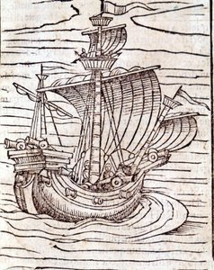 Un bateau. Xylographie de la Cosmographie Universelle de Sébastien Munster. Bâle