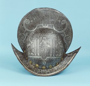 Morion à peigne, gravé de têtes de chérubins, sphinx et chevaux ailés, le centre avec un guerrier pseudo-classique en armure contemporaine avec épée et bouclier - German School