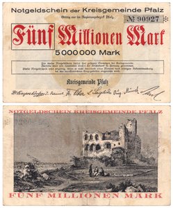 Un billet de cinq millions de marks, vers 1923 (recto et verso)