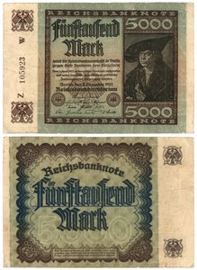 Un billet de cinq mille marks, 1922 (recto et verso)
