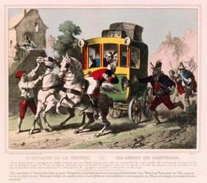 Un couple en lune de miel attaqué par des bandits de grand chemin en Italie, feuille illustrée publiée par Gangel & P. Didion, Metz, vers 1850 - German School