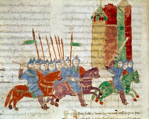 Un cavalier miniature du manuscrit « De Universo » (ou De rerum naturis) par Raban Maur (ca. 780-856). IXe siècle. Archives de l