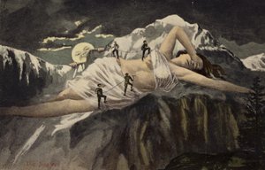 Une femme nue sur une montagne escaladée par des alpinistes tandis que la lune observe