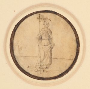 Un médaillon représentant le Christ avec une longue cape fixée au cou tenant une croix processionnelle