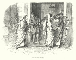 Une foule de clients devant une entreprise dans la Rome antique