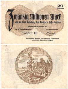 Un billet de vingt millions de marks, 1923 (recto et verso)
