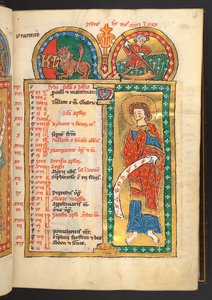 Juillet. 12 pages de calendrier en or et en couleurs, avec des cadres architecturaux contenant chacun un signe du zodiaque, un apôtre et un travail du mois. Psautier. Psautier illuminé avec un calendrier, des cantiques et des litanies pour l