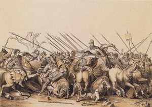 Alexandre le Grand et son armée au combat (lithographie couleur)