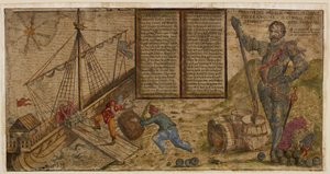 Une affiche illustrée célébrant la campagne de Francis Drake contre les Espagnols, illustration de 