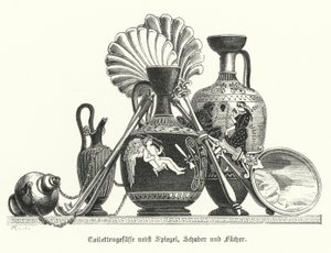 Vases de toilette grecs antiques avec un miroir, des grattoirs et des éventails
