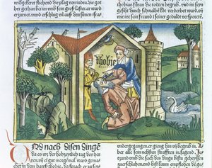 Apocryphe : Tobit est aveuglé par les excréments de moineaux, de la Bible de Nuremberg (Biblia Sacra Germanaica)
