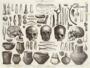 Artefacts des âges de glace et de pierre. Illustration pour Bilder-Atlas (gravure) - German School