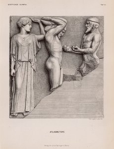 Atlas apportant à Héraclès les pommes des Hespérides en présence d