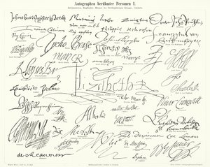 Autographes de personnes célèbres : figures marquantes de la Réforme protestante, de la Grande-Bretagne, de la guerre de Trente Ans et des scientifiques (gravure) - German School
