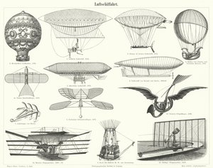Ballons, dirigeables et autres machines volantes (gravure) - German School
