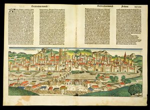 Vue aérienne de Ratisbonne, de la Chronique de Nuremberg par Hartmann Schedel (1440-1514) 1493