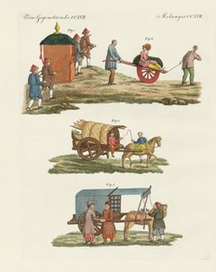 Chariot et mode de voyage en Chine (gravure en couleur) - German School