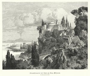 Littoral de la baie de Naples depuis la ville romaine antique de Baiae, Cap Misène, avec le Vésuve au loin - German School