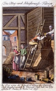 Artisanat : le fabricant de céruse dans son atelier. Dans « Description complète des arts et métiers et ateliers pour les jeunes » par Johan Peter Vue. Éd. Nuremberg, Weigel et c