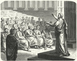 Démosthène parlant contre Philippe II de Macédoine - German School