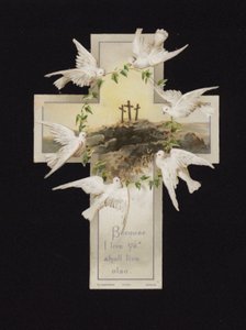 Colombes portant une couronne au-dessus des trois croix sur la colline du Calvaire, carte de vœux chrétienne - German School