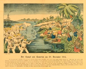 Soulèvement de Douala au Cameroun allemand, avec le SMS Olga en arrière-plan, 20 décembre 1884 - German School