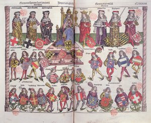 Empereur et électeurs du Saint-Empire romain germanique avec vingt-quatre nobles allemands présentant leurs armoiries - German School