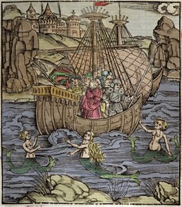 Énéide de Virgile (70 av. J.-C.-19 av. J.-C.), les héros troyens Énée et ses compagnons traversent une mer pleine de sirènes. Xylographie de Sebastian Brant (1458-1521). Strasbourg - German School