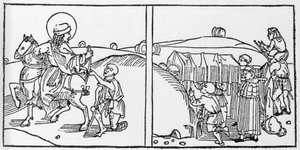 Épisodes de la vie de Saint Martin. Gravure du « Leben der Heiligen - sommerteil » (Le livre des saints) par Jacobus (James) de Voragine (1228-1298). Lübeck 1488